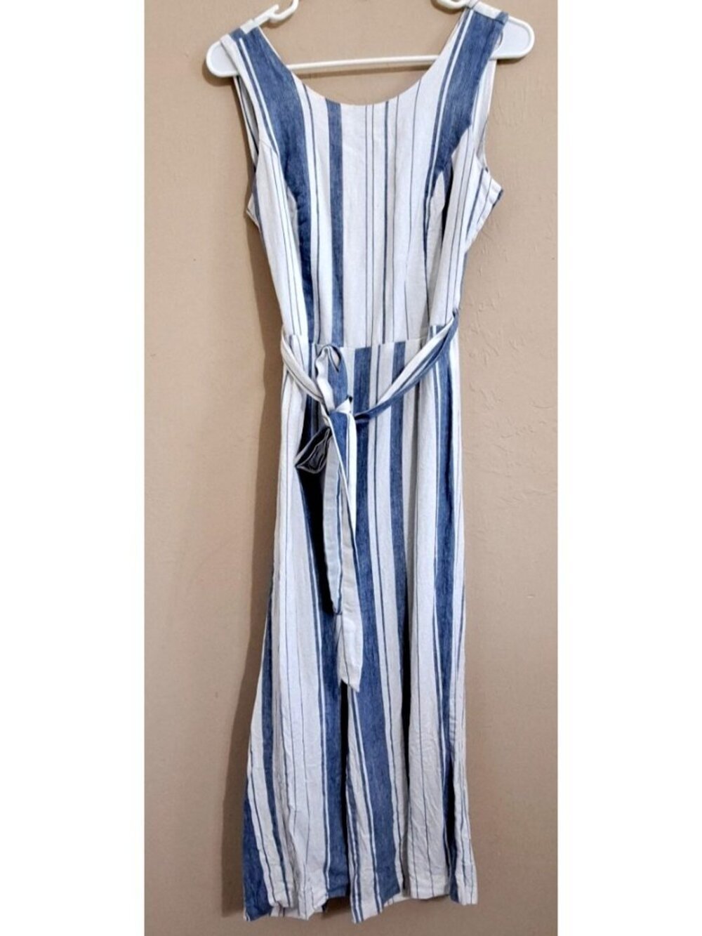 Potter's Pot Women's S Blue Striped Self Tie Wide Leg Romper Cut-Out Back